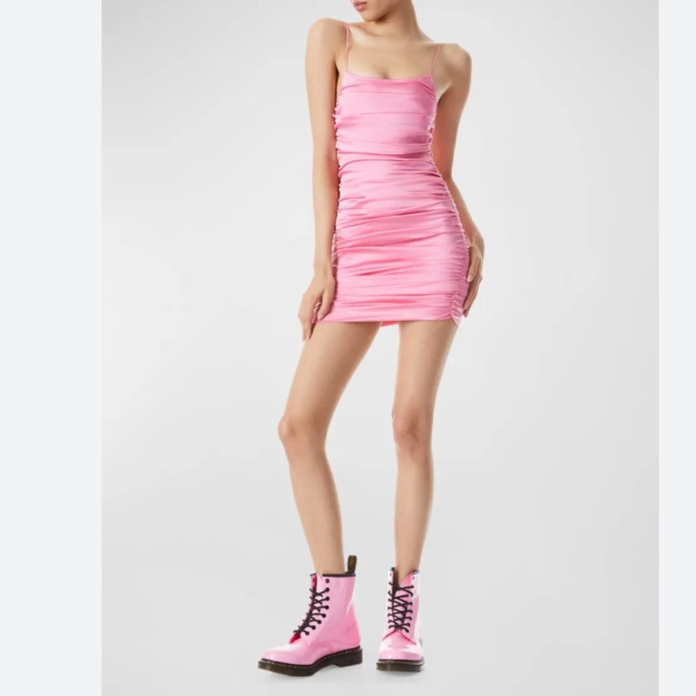 NWT Alice + Olivia Cruz Spaghetti Strap Pink Satin Ruched Bodycon Mini Dress